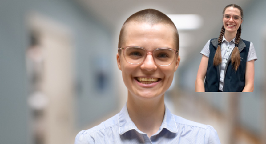 A person with a shaved head in a hallway, with an inset image of the same person with long braids, wearing a vest and shirt.