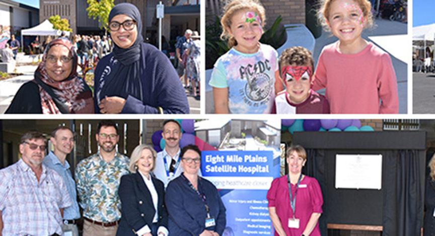 A community event at Eight Mile Plains Satellite Hospital with attendees, including families and staff, gathered for the opening ceremony.