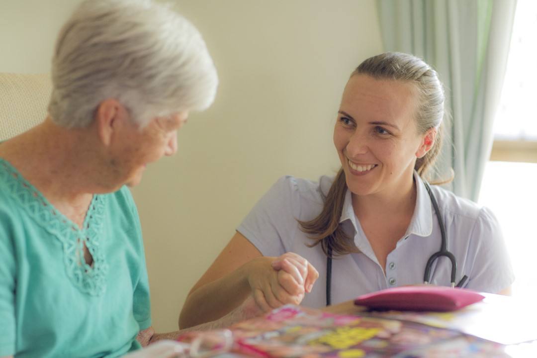 Health professional helps an older person with daily activities.