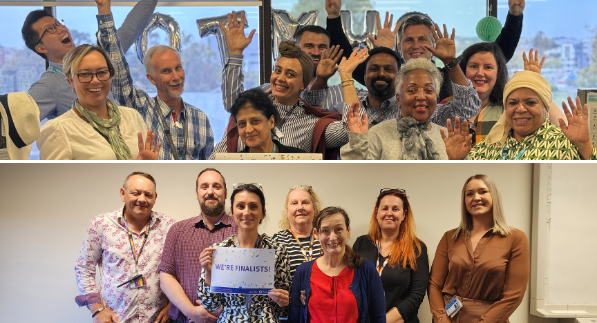 Two groups of people celebrating being finalists in an award. The top group raises their hands, while the bottom group holds a sign reading WE'RE FINALISTS!