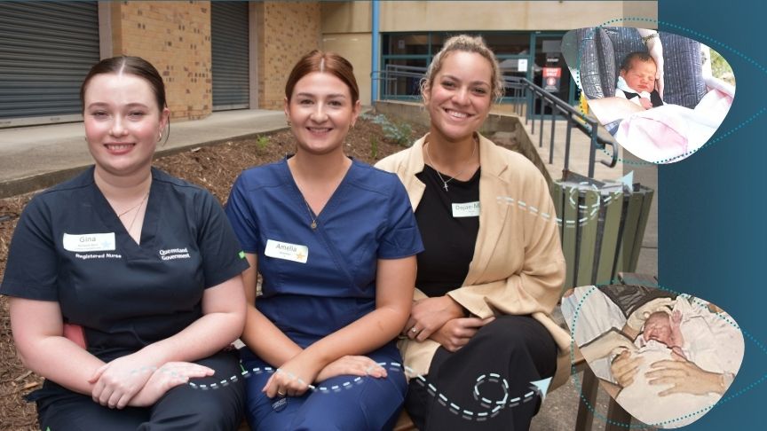 Three graduates nurses dressed in scrubs with inset pictures of two of them as babies