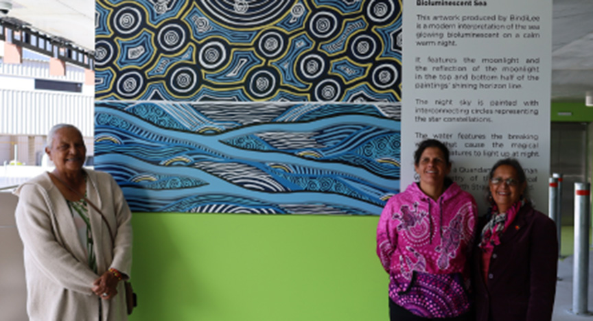 Three people stand in front of a colorful First Nations artwork titled Bioluminescent Sea at Redland Hospital. The artwork features intricate patterns and a descriptive plaque.