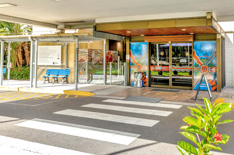 A welcoming pickup and drop off area at the QEII hospital building main entrance.