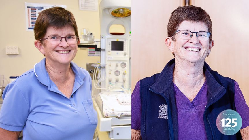 Two pictures of a midwife who has just retired. In her early photo she is wearing a blue shirt and is standing in a maternity room. In the recent image she is wearing bright purple scrubs in front of a blurred out background. The image also contains a commemorative Beaudesert Hospital 125 years badge 