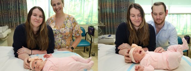 Two photos of a newborn baby in a hospital setting. In the first photo, the baby is with two adults, and in the second, the baby is with two different adults.